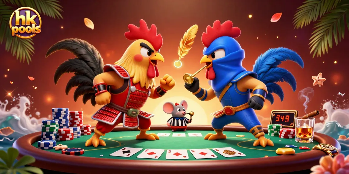 Menghadapi tantangan di hk pools dengan ayam petarung 3D, simbol keberuntungan dan permainan seru di kasino.