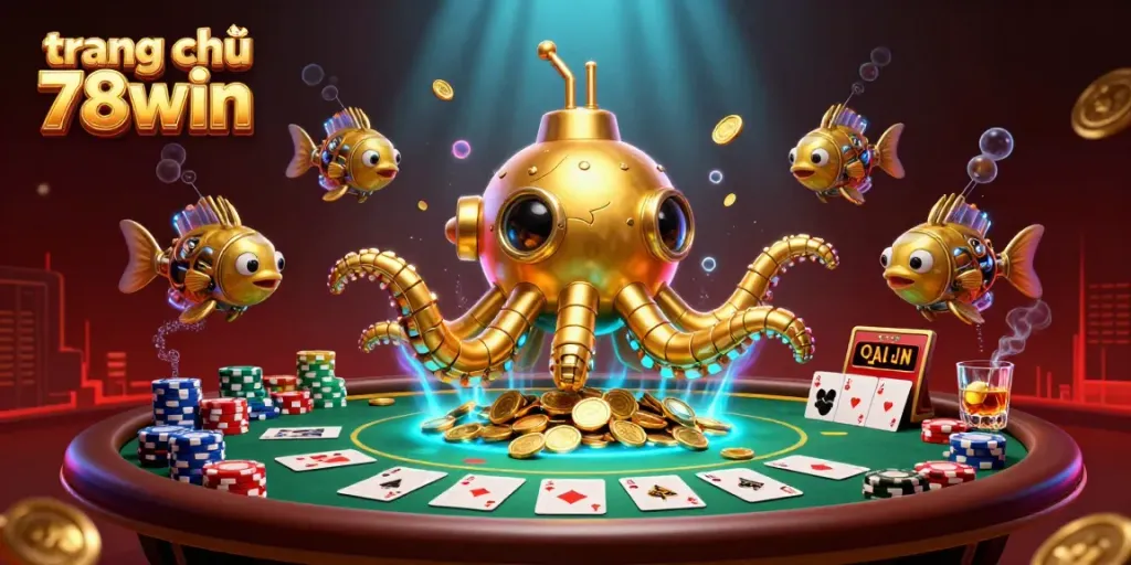 Engage with the thrilling gaming atmosphere at trang chủ 78win featuring a golden kraken and poker elements.