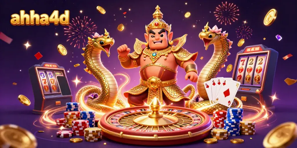 Gambarlah ahha4d dengan penjaga kuil Thailand dan naga berkilau memainkan slot dengan koin emas.