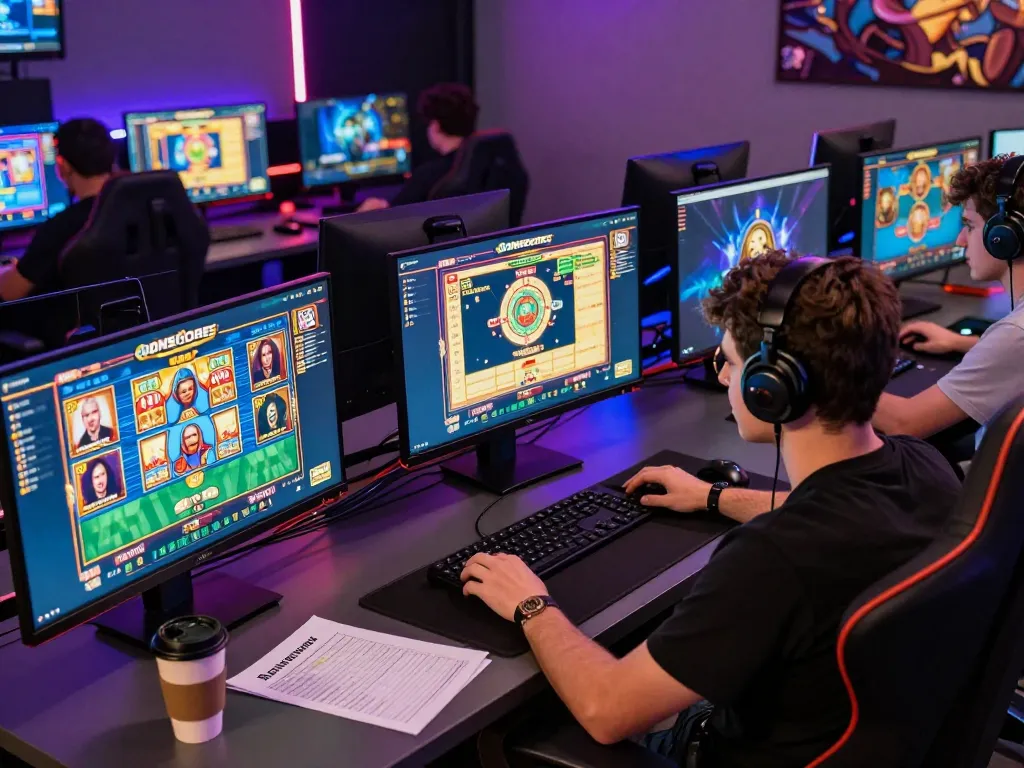 Engage in thrilling IDNSCORE slot gameplay at home with a modern gaming setup featuring multiple screens