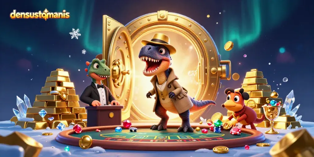 Dive into the excitement at densustotomanis with a velociraptor card counter amidst sparkling treasures.