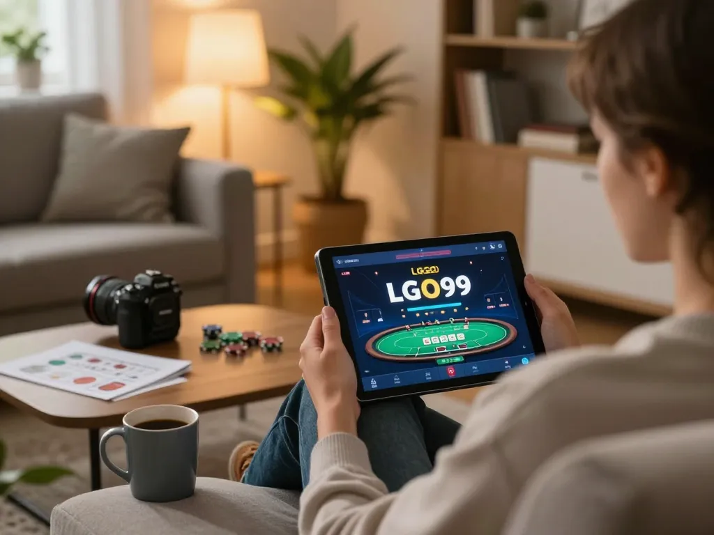 LGO99 player reviewing online poker strategy on tablet in a cozy home setting