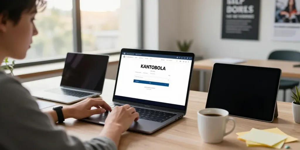 Pengguna KANTORBOLA login di laptop modern dengan suasana kerja yang nyaman dan alat teknologi di sekitar.