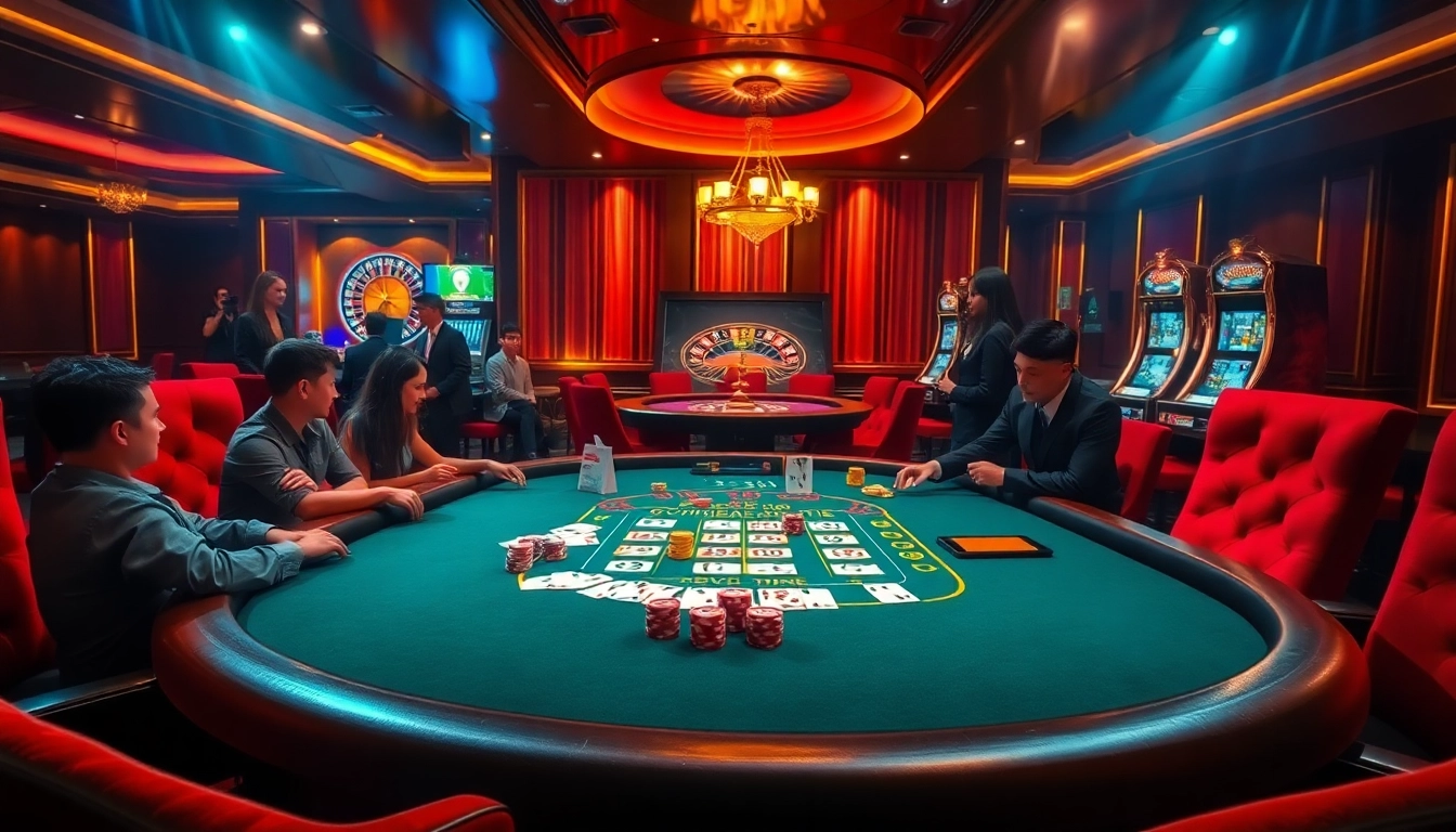 Players enjoying blackjack at a vibrant casino, highlighting https://xx88.lol/ for exciting betting experiences.
