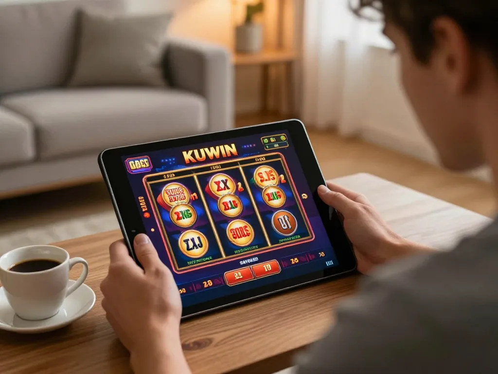 Kuwin player engaging with online casino action on a tablet in a cozy living room setting.