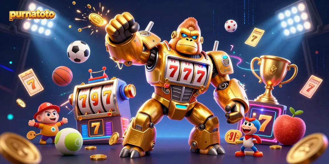 Purnatoto menghadirkan slot Gorilla Mech yang energik dengan koin berhamburan, menggambarkan aksi kasino yang menarik.