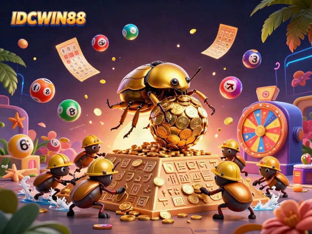 Play dynamic games on IDCWIN88, showcasing vibrant lottery balls, golden coins, and a fun casino atmosphere.