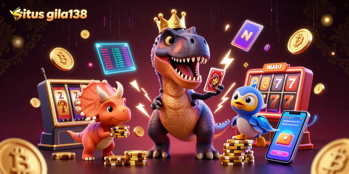 Gila138 slot gacor yang menghibur dengan dinosaurus dan simbol permainan kasino.