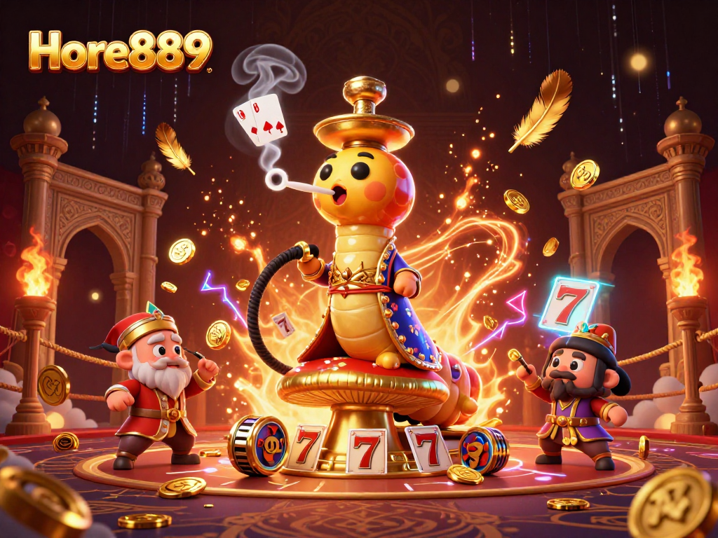 Hore889 showcases an ultra-detailed casino scene with a sultan caterpillar, vibrant game elements, and rich visuals.