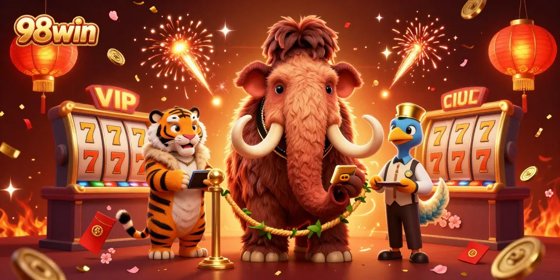 Experience thrilling gaming with 98win's vivid casino scene featuring vibrant characters and elements.