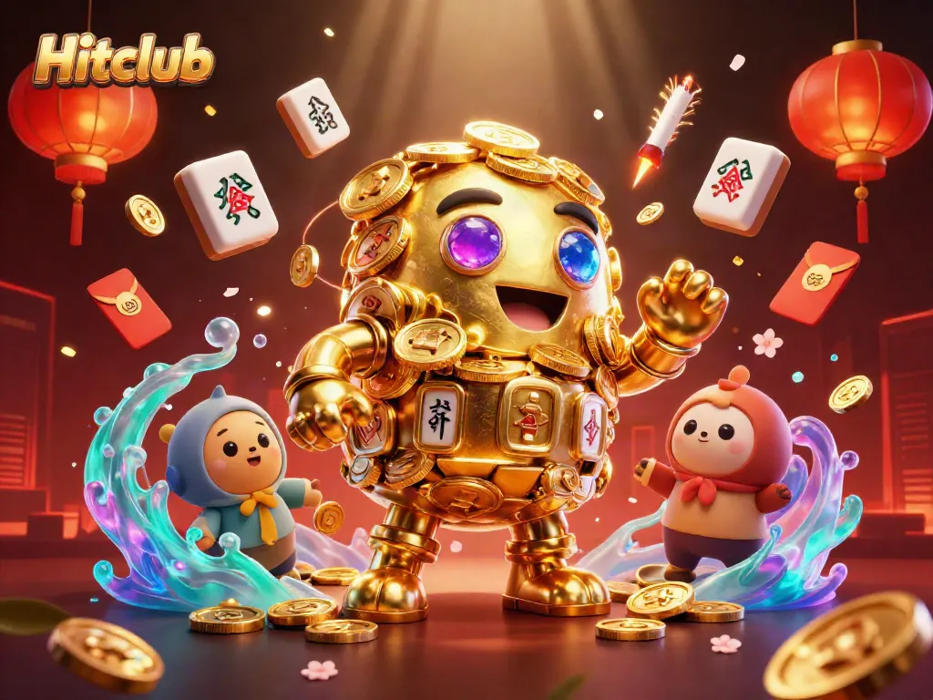 Hitclub slots showcase with a golden golem surrounded by festive casino elements