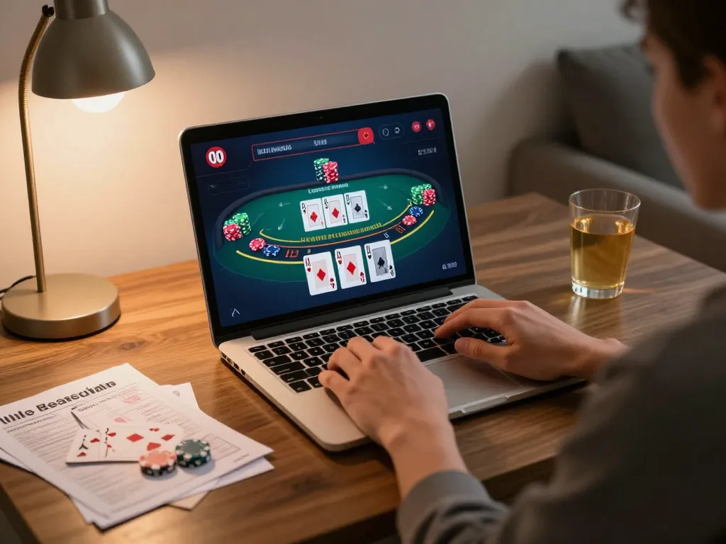 Engaging in live dealer blackjack online at net88 with strategy notes and coffee nearby.
