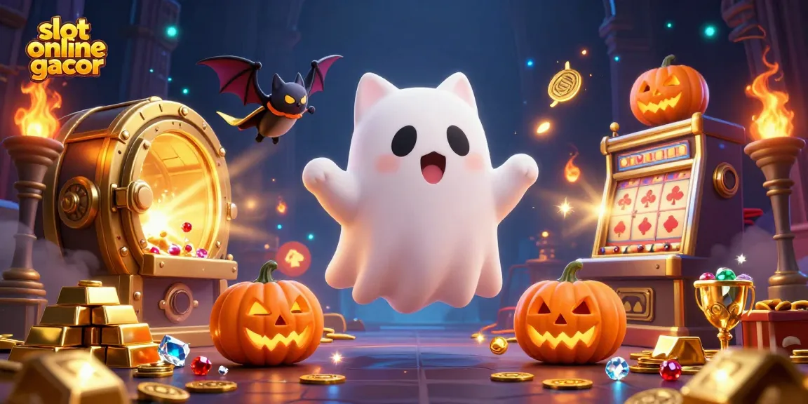 Gambarkan slot online gacor dengan kucing hantu lucu melayang di kasino berani, dikelilingi perhiasan.