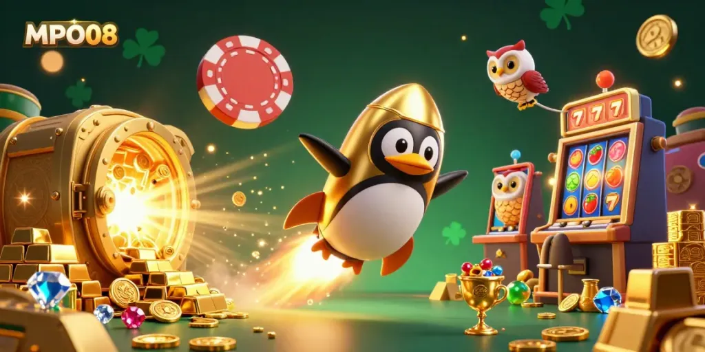 Experience the excitement of MPO08 with a golden penguin, casino joy, and dazzling treasures.