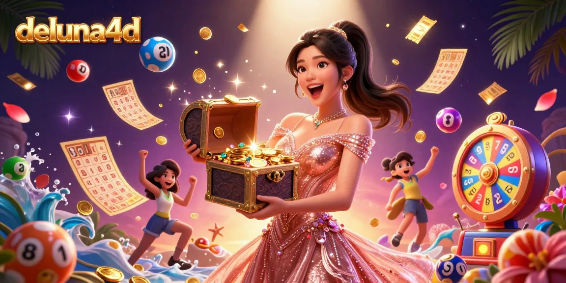 Experience the thrill of winning at deluna4d, showcasing a joyful woman revealing treasures of gold and gems amidst lively lottery elements.