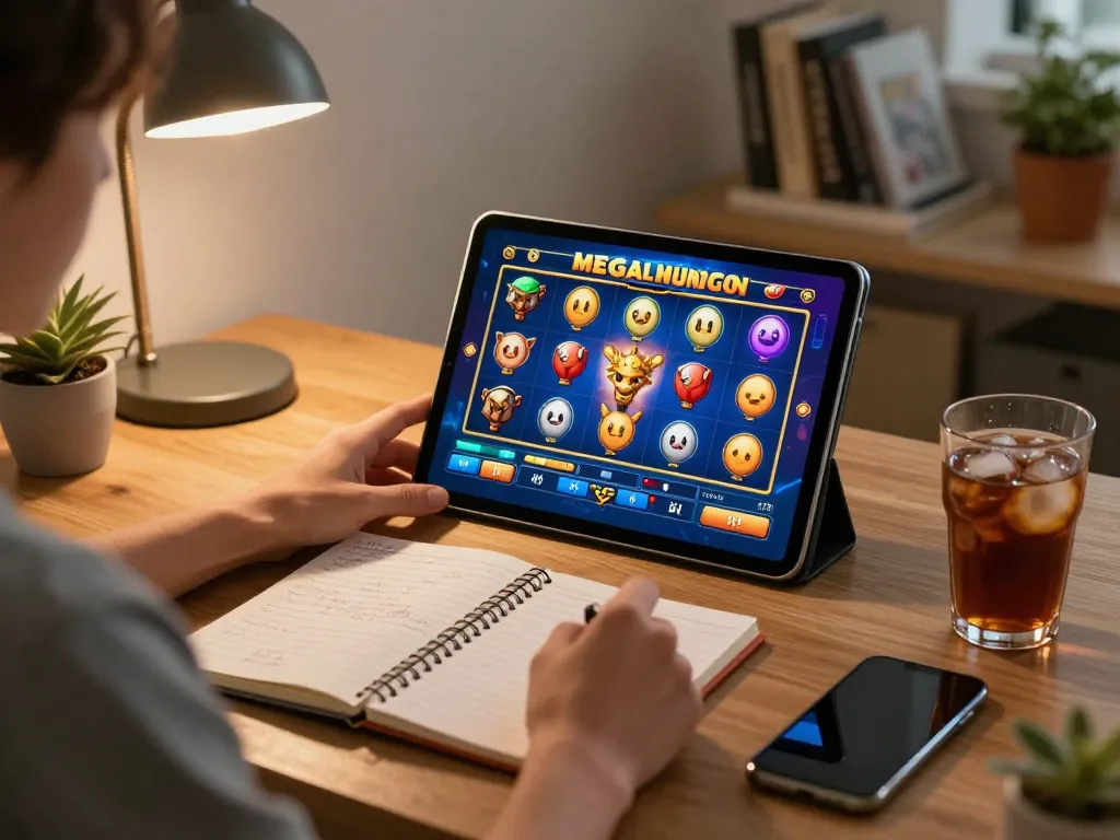 Pemain menikmati permainan mega slot di tablet di rumah, dengan catatan dan minuman menciptakan suasana yang nyaman.
