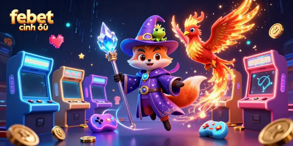 Engage with febet chính thức in this vibrant casino-themed 3D illustration featuring a wizard, phoenix, and gaming elements.