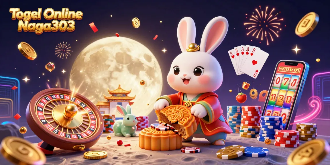 Togel Online Naga303 showcases a moon rabbit and jade companion amidst casino elements and fireworks.