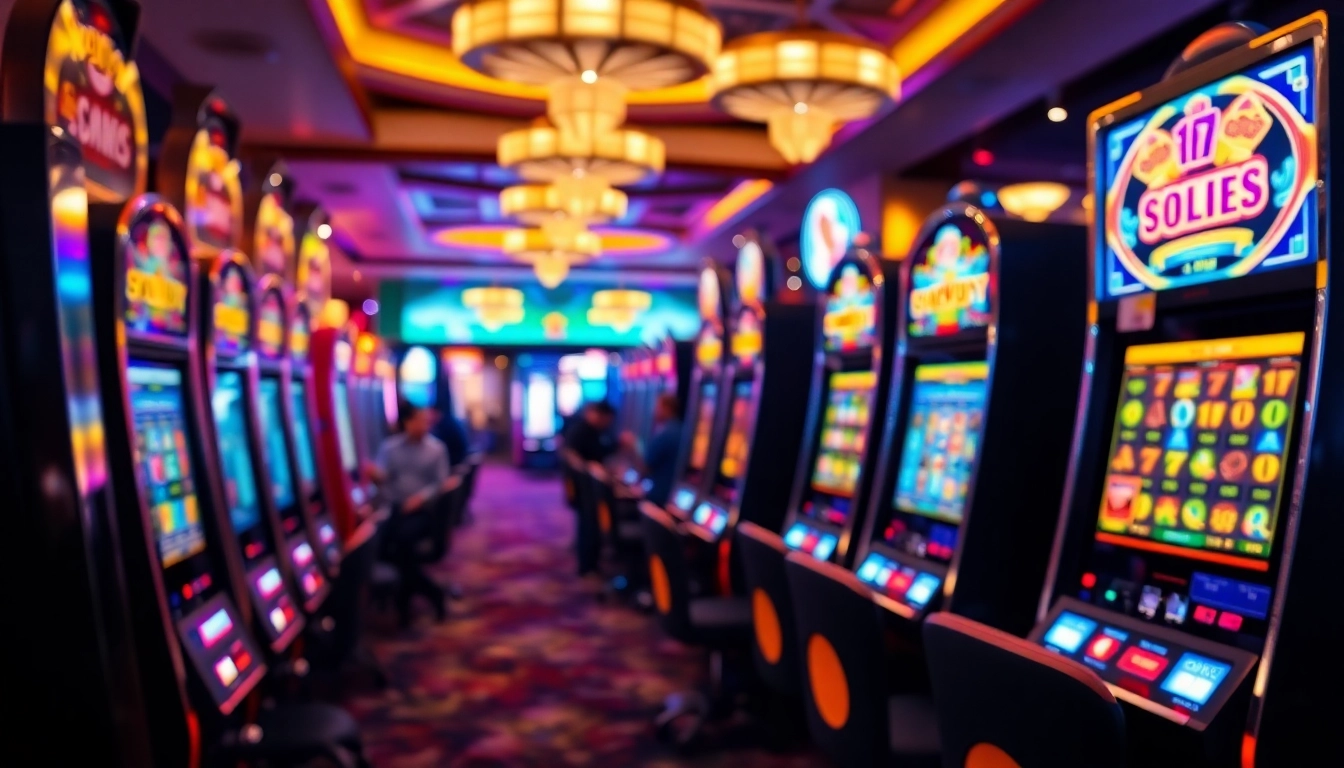 Slot mesin berwarna-warni menarik perhatian dengan jackpot menyala dalam kasino.