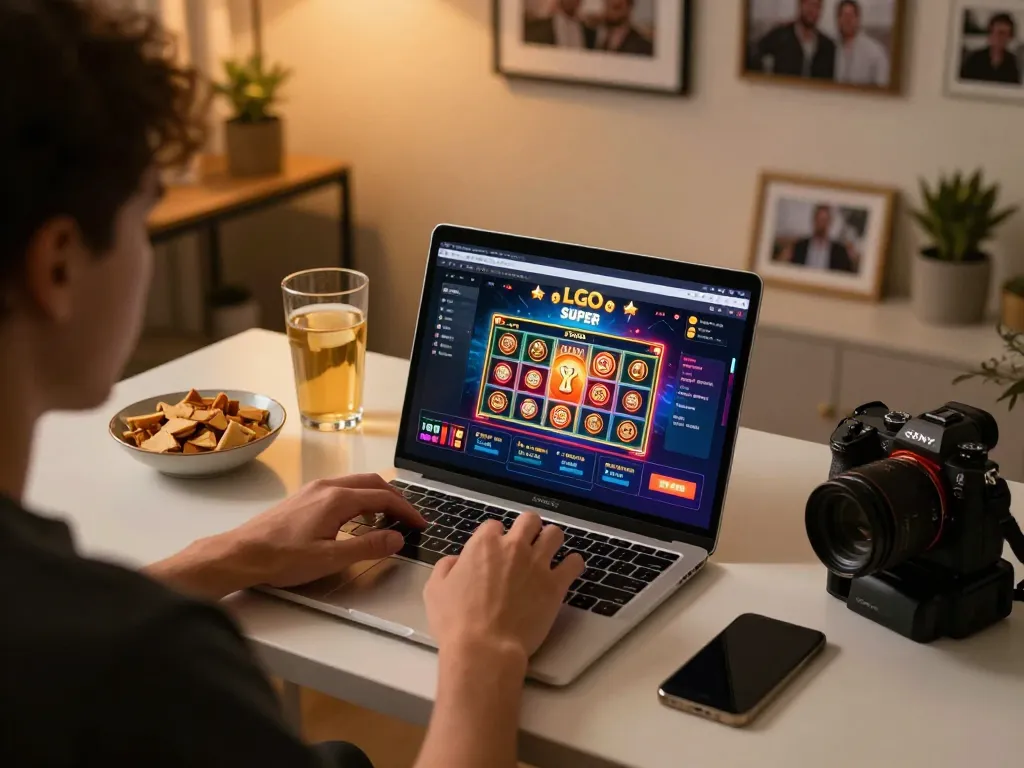 LGO SUPER gaming enthusiast engaged with online casino gameplay at home, showcasing a laptop setup.