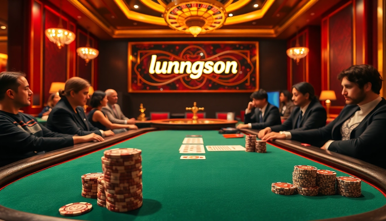 Experience thrilling gambling at Luongson casino with vibrant poker tables and roulette wheels.