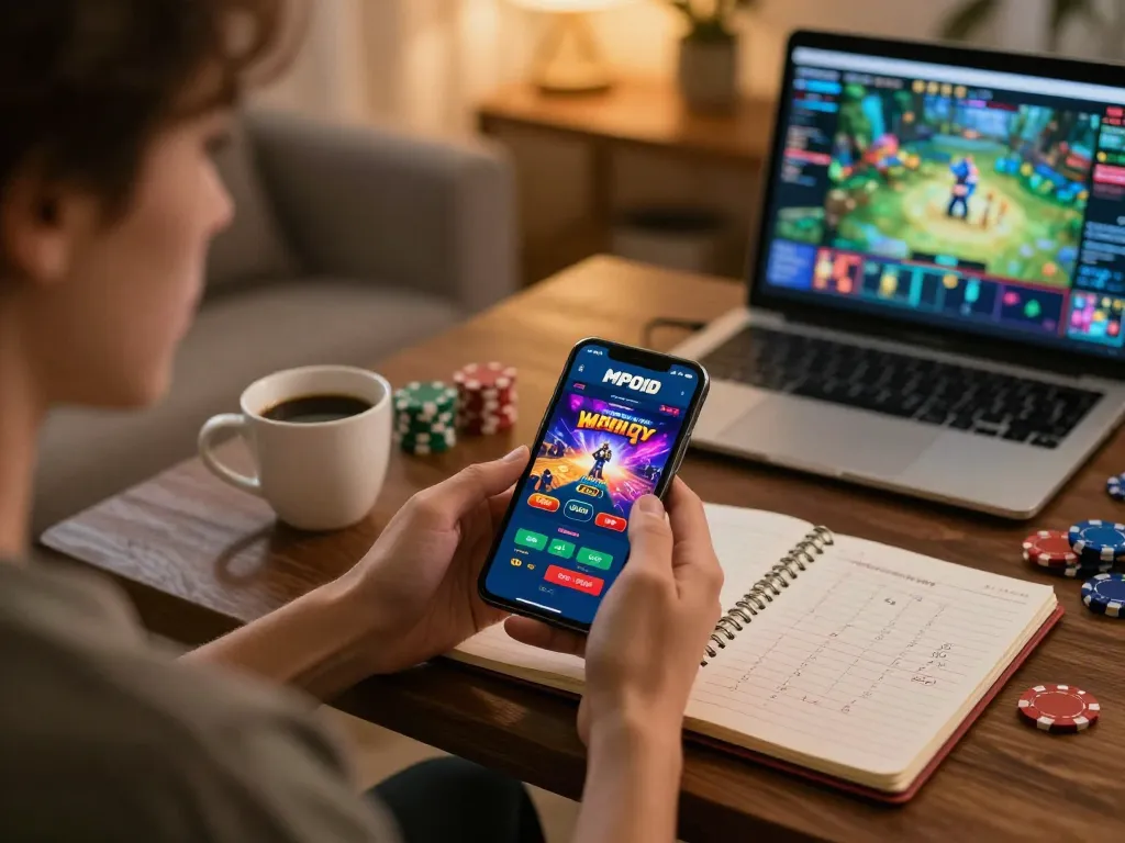 Engaged player using MPOID app for strategic online gambling in a cozy home setting.