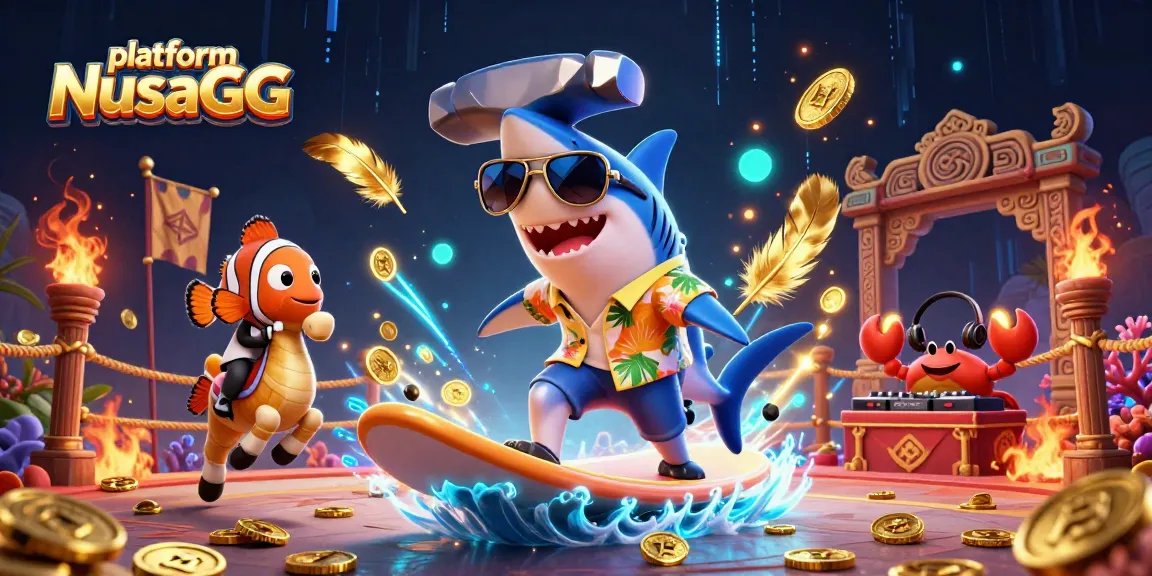 Engage with platform NusaGG in a vibrant 3D scene filled with gaming action and aquatic fun.