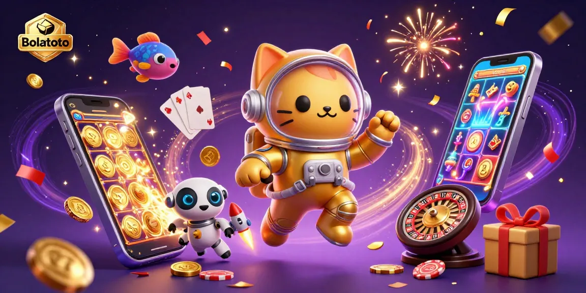 Engage with Bolatoto's exciting slot games through a whimsical cosmic scene featuring a space cat and robot dog companions.