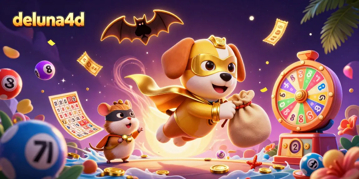 Experience excitement with deluna4d, featuring a superhero dog and colorful lottery elements in a dynamic casino scene.
