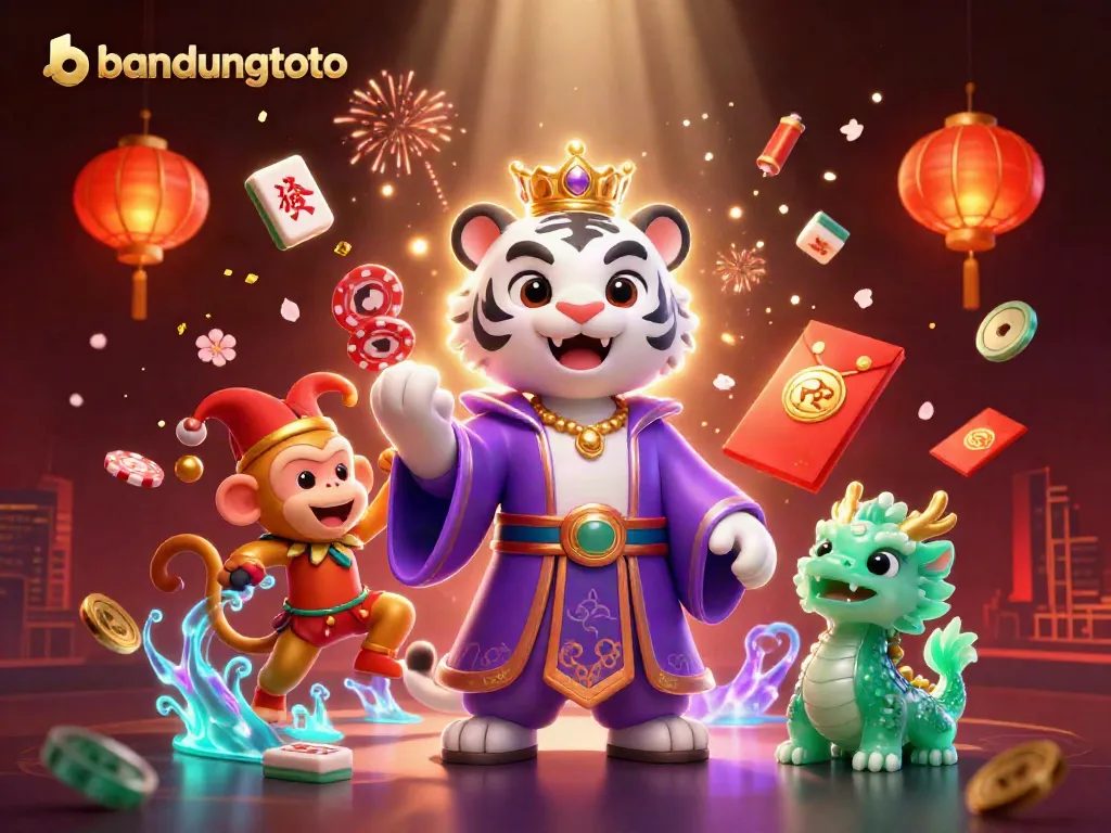 Experience thrilling gameplay with bandungtoto, where an elegant tiger and playful monkey engage in a lively casino scene.
