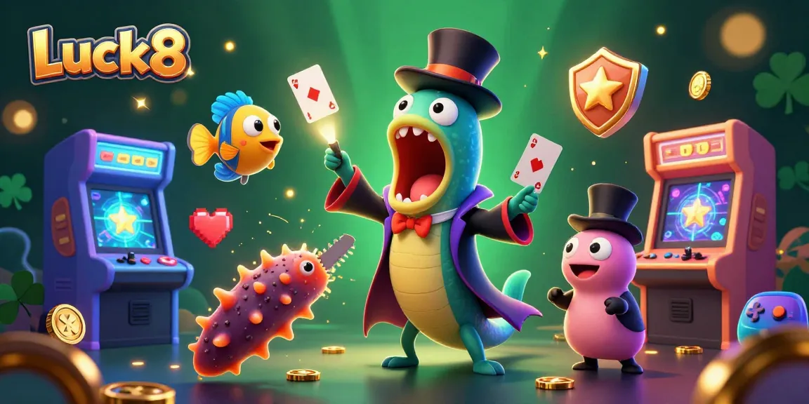 Experience the excitement of gaming at Luck8 with vibrant characters performing magical tricks in a detailed 3D illustration.