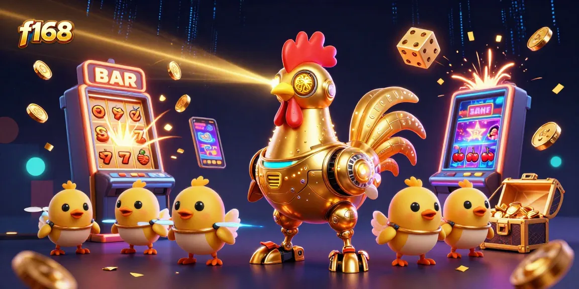 Experience exciting gaming at f168 with golden rooster robot and vibrant slot machine action.