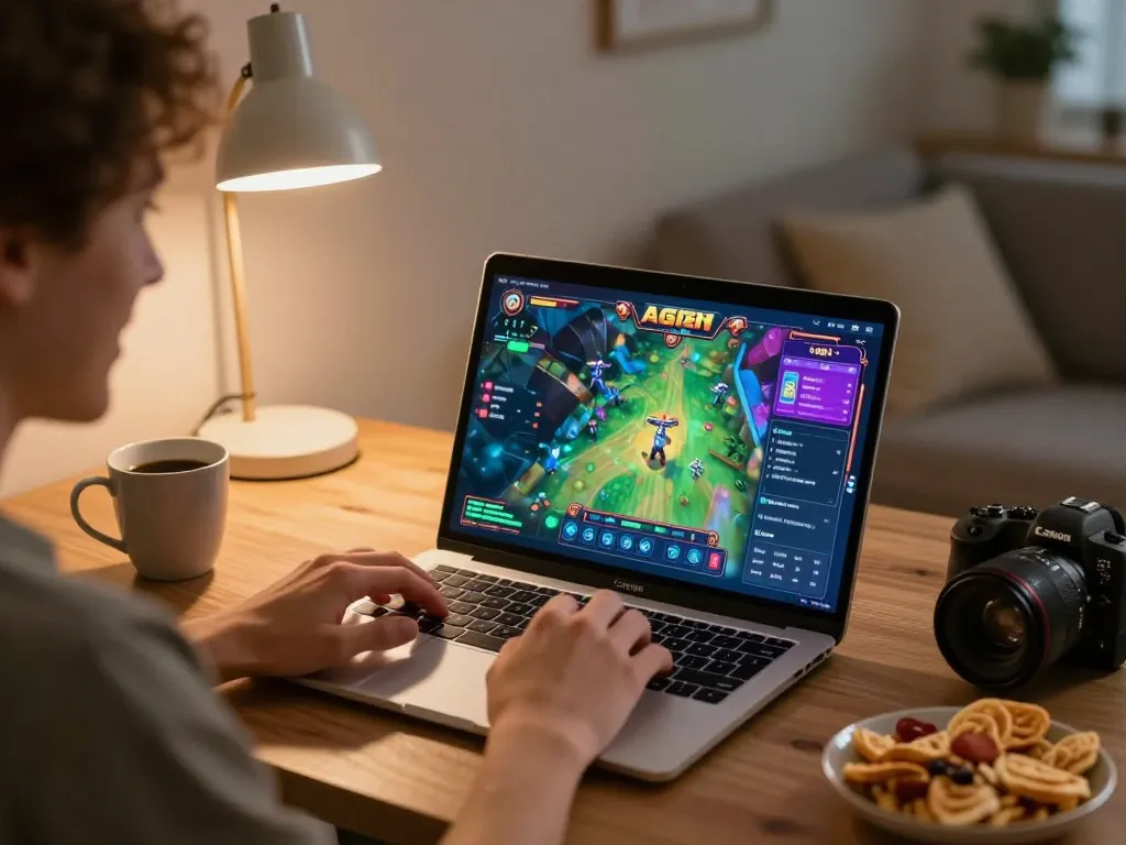 A person enjoying Agen Slot online while gaming on a laptop at home in a cozy setting.
