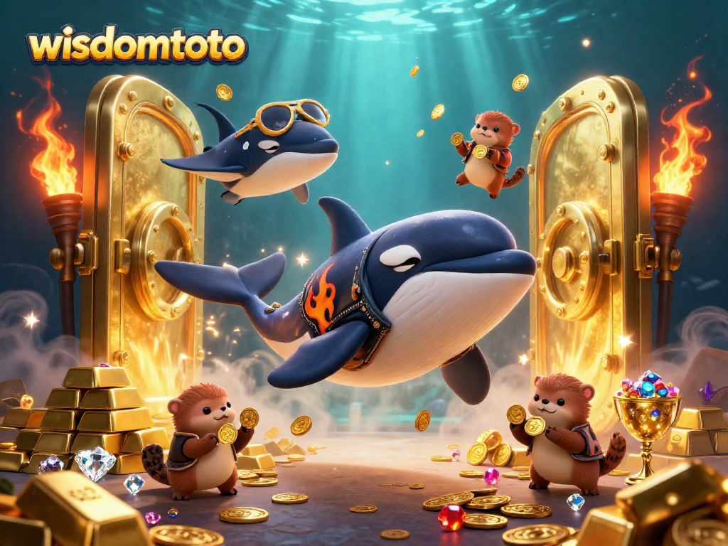 Wisdomtoto menampilkan orca 3D, stingray, dan berang-berang di dunia kasino dengan koin emas.