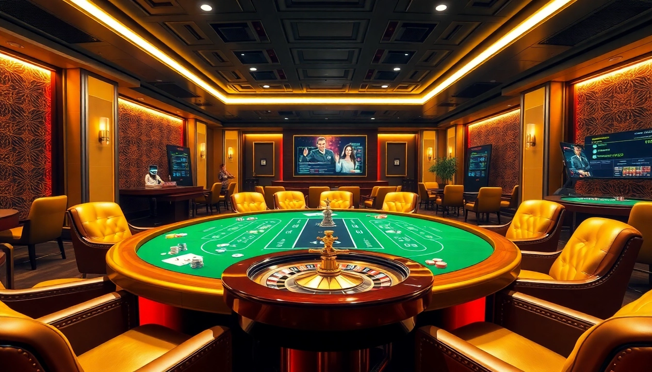 Kaisar 888 gaming room featuring excited players and luxurious poker tables in a vibrant scene.