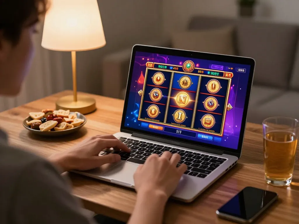 Enjoying online slots at home with boosterjp amidst snacks and vibrant screen action.