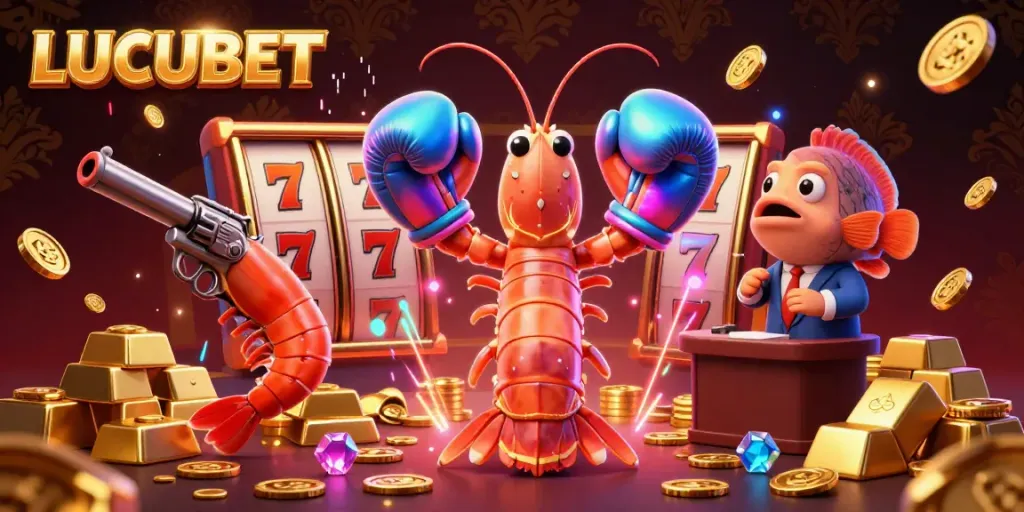 LUCUBET showcases a colorful scene of gaming excitement with a mantis shrimp, pistol shrimp sidekick, and coral grouper, set against a vibrant casino backdrop.