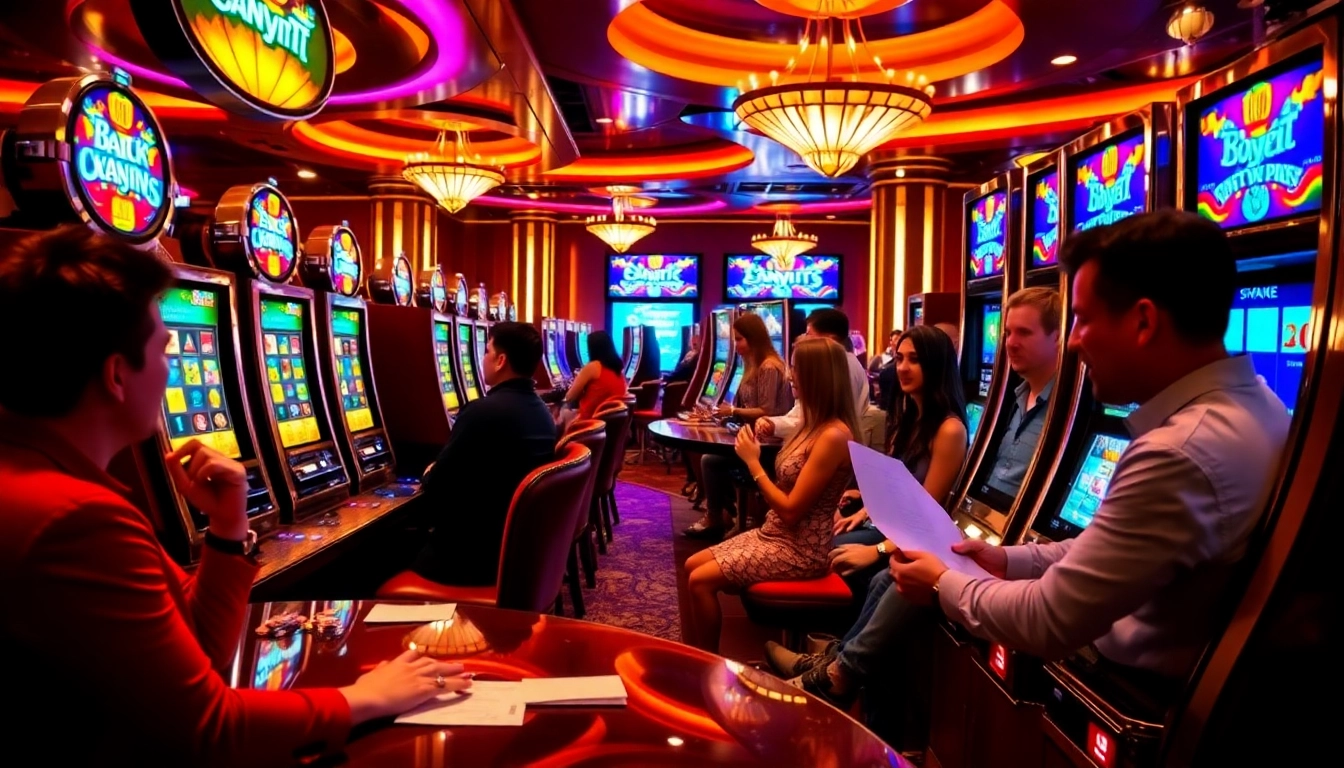 Experience the thrill at slot777 login with vibrant slot machines and enthusiastic players celebrating wins.