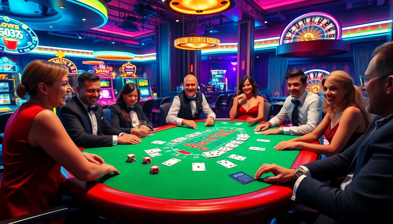 Players enjoying a thrilling blackjack game at https://x88ni.com/ casino, surrounded by vibrant slot machines and roulette.