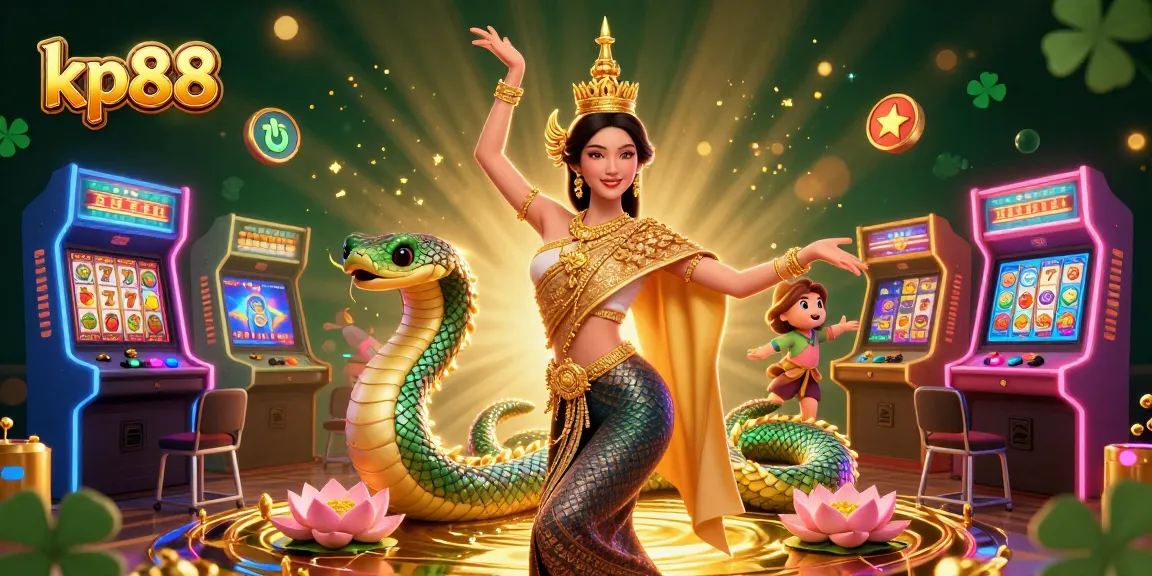 Play exciting slots at kp88 with a beautiful Asian dancer and vibrant gaming elements.