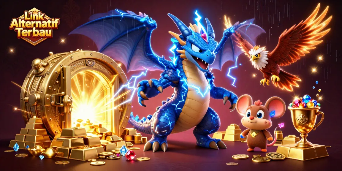 Win big today with Link Alternatif Terbaru in a vibrant casino-themed 3D illustration.