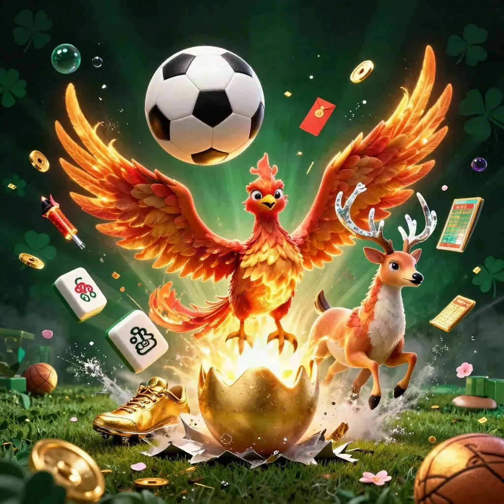 Phoenix emas, rusa kristal, dan bola sepak bercahaya di tengah ledakan emas dan hijau.