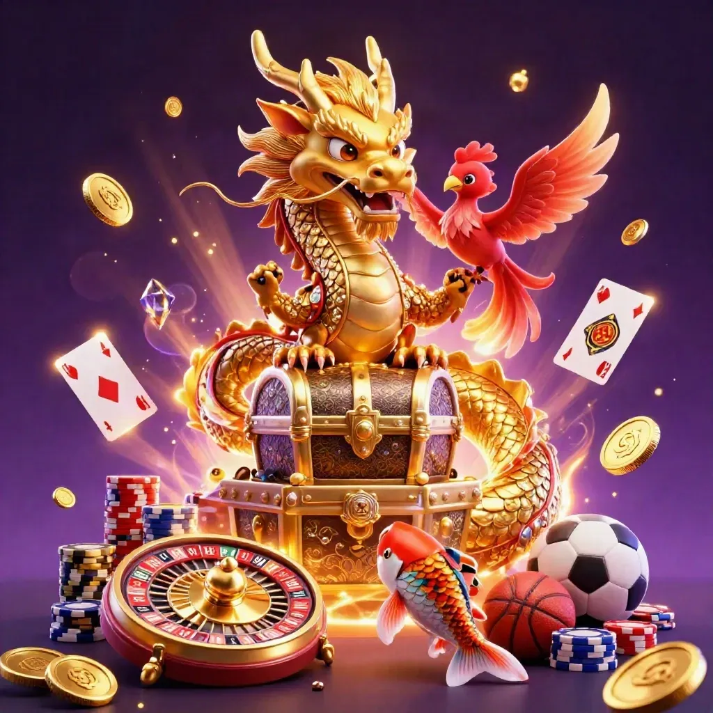 Naga emas, phoenix, koi, koin, chip, bola, dan elemen kasino meledak di latar gelap mewah.