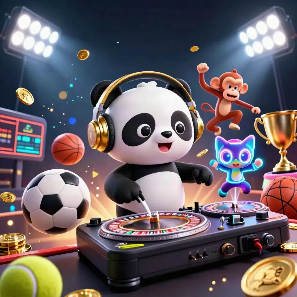 Panda DJ, monyet, dan kucing rave di tengah bola olahraga, koin emas, dan cahaya stadion.