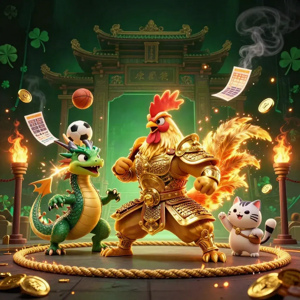 Ayam samurai emas, naga kecil, dan kucing keberuntungan di arena kasino mewah.