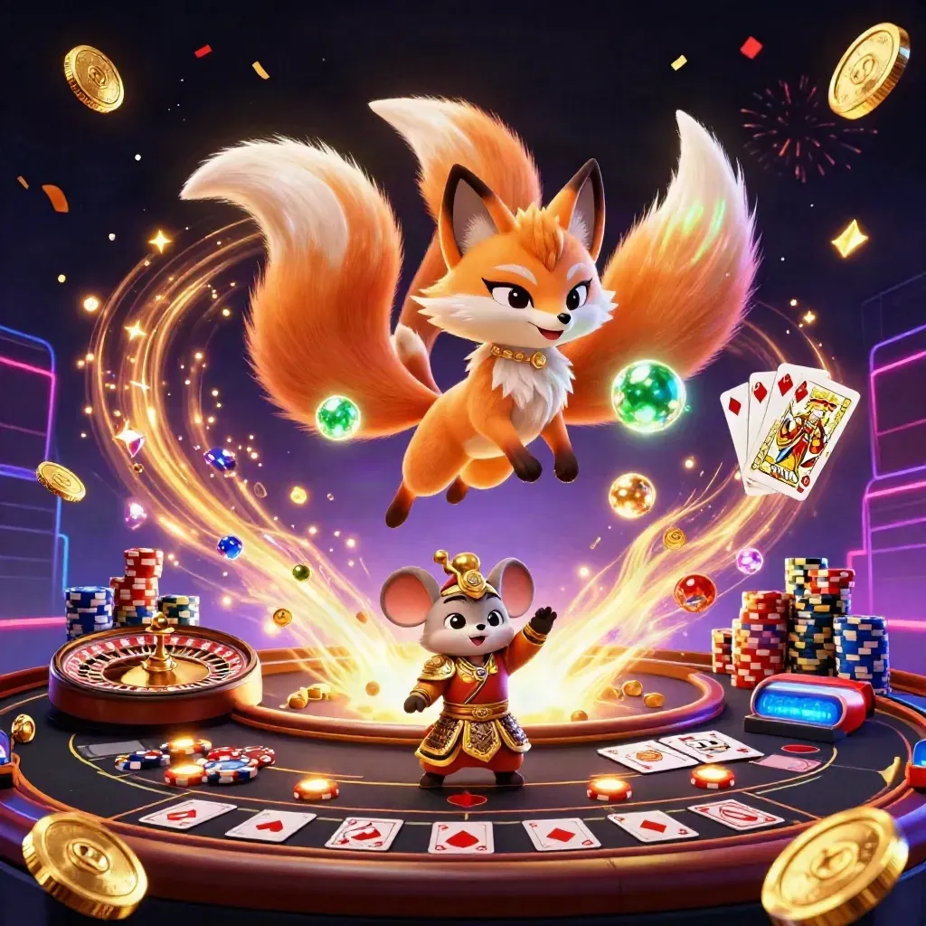 Rubah roh sembilan ekor dan tikus samurai emas di tengah kasino neon mewah.