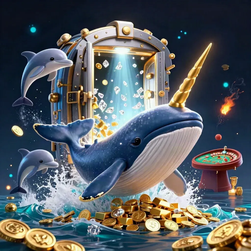 Paus kartun raksasa, narwhal, lumba-lumba, emas, permata, dan suasana kasino mewah berkilau.