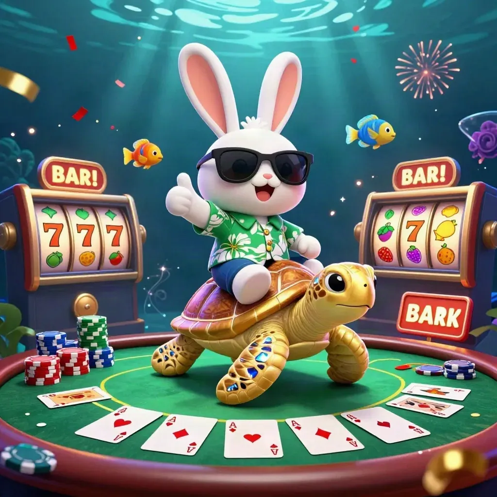 Kelinci 3D lucu naik kura-kura emas di bawah laut, kartu poker dan gem meledak.