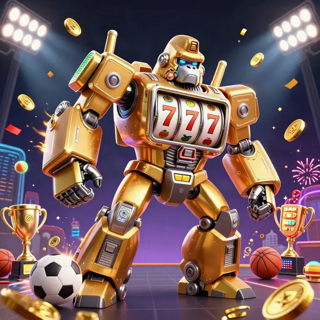 Gorila mech emas dan pilot monyet di tengah ledakan koin, bola olahraga, dan efek neon.