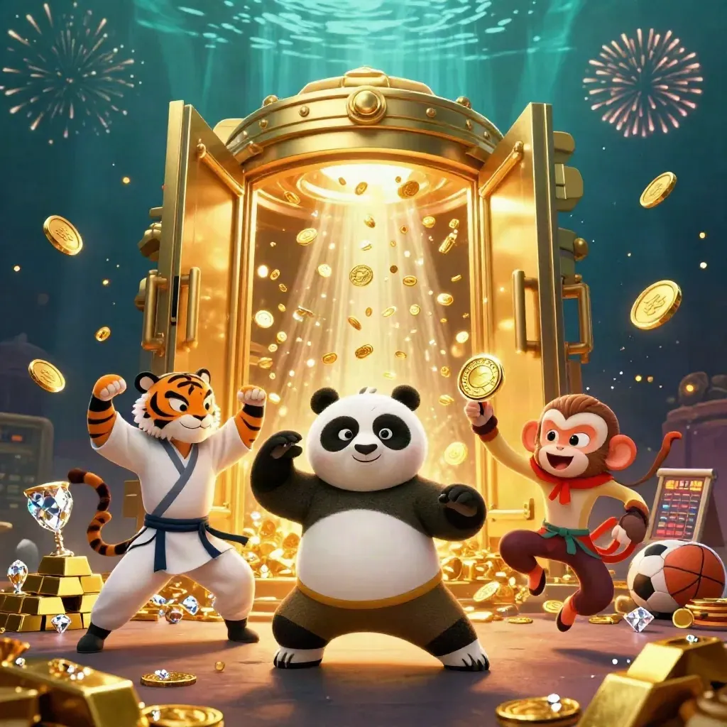 Tiger, panda, dan monyet di depan brankas emas dengan harta berhamburan.